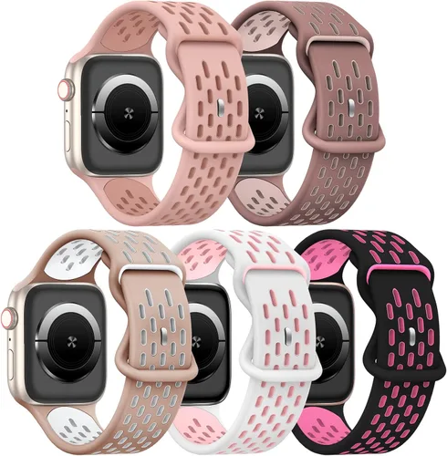 Paquete de 5 correas de silicona deportivas compatibles con Apple Watch de 1.929 in 1.772 in 1.654 in 1.732 in 1.614 in 1.575 in 1.496 in, correa