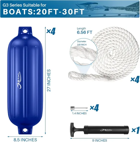 Miniatura 2 de Defensas para Barco Paquete de 4 de 8.5 x 27 Pulgadas Acanaladas con Ojos Gemelos Defensas Parachoques para Barco para Atraque, Viene con Cuerdas