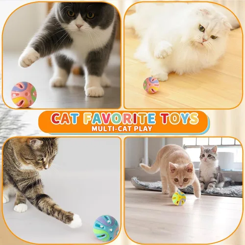 Miniatura 5 de Pelotas de juguete coloridas para gatos con campana, 6 unidades, diseño hueco interactivo, plástico, juguete de ejercicio de entrenamiento