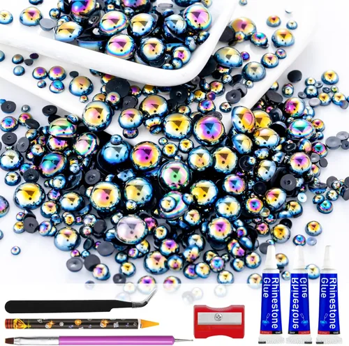 Miniatura 59 de 60g de Perlas Acuamarina Dorada con Diamantes de Imitación para Manualidades Tamaño Mixto 3mm-10mm Color AB Redondas Perlas Medias Planas Conjunto