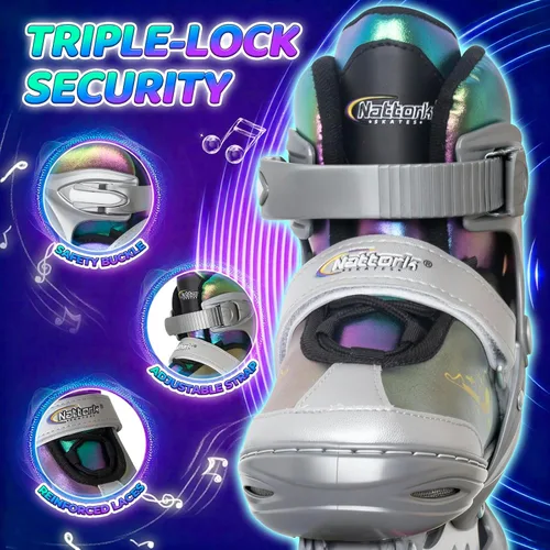 Miniatura 3 de Nattork Patines en línea ajustables para niños y adolescentes con ruedas iluminadas, color degradado, deslizamiento suave plateado