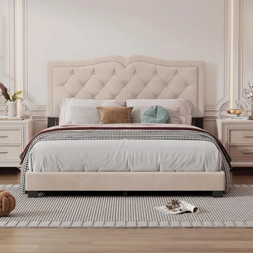 Marco de cama de terciopelo tamaño Queen, cabecera capitonada con alas de canal vertical, cama con plataforma tapizada, listones de madera fuertes y