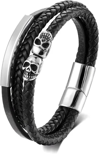 Miniatura 7 de Pulsera de cuero trenzado negro para hombre, acero inoxidable, dos encantos de calavera, gótica