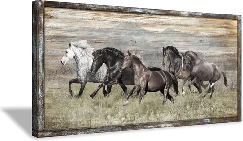 Miniatura 8 de Cuadro de caballos de madera para decoración de pared: pintura moderna de animales de caballo de vida silvestre sobre arte de pared de madera
