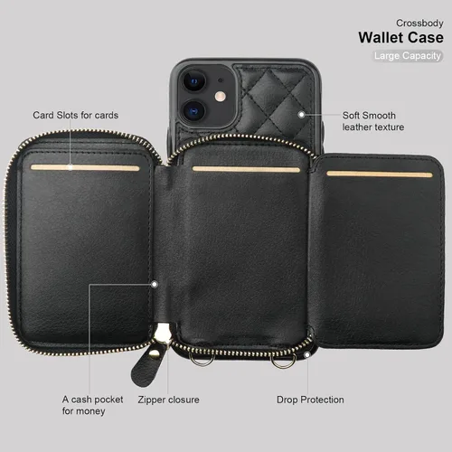 Miniatura 7 de Bocasal Funda tipo cartera cruzada para iPhone 11, con bloqueo RFID, de piel sintética, con cremallera, funda tipo cartera con función atril y Negro