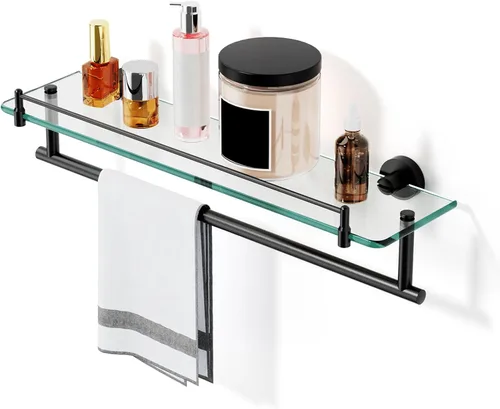 Miniatura 6 de Estante de baño flotante de vidrio templado con toallero, níquel cepillado y acero inoxidable, montaje en pared de 16 pulgadas