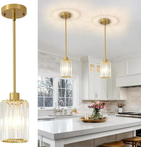 Miniatura 17 de Lámparas colgantes de cristal, paquete de 3 unidades de lámparas colgantes en oro cepillado para isla de cocina, modernas mini lámparas colgantes