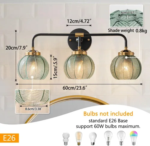 Miniatura 2 de Lámpara de tocador de baño de 3 luces, luz negra de montaje en pared con pantalla de vidrio verde, aplique de pared de mediados de siglo, lámpara