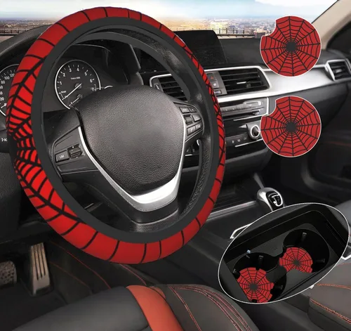 Funda para volante de telaraña roja con 2 posavasos para automóvil, protector de volante antideslizante y transpirable de 15 pulgadas, accesorios