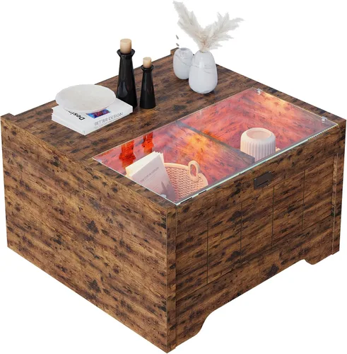 Miniatura 8 de Bestier Mesa de centro de granja de 31.5 pulgadas con almacenamiento, mesas de centro cuadradas LED para sala de estar, mesa central de madera