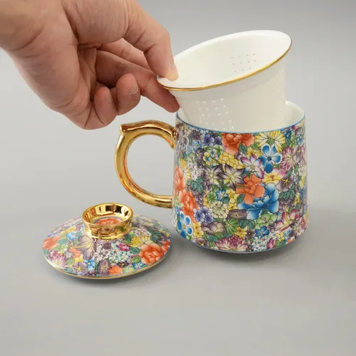 Miniatura 4 de Taza de té de porcelana con infusor – Taza de té de cerámica china Jingdezhen Sistema de preparación de té de hojas sueltas para oficina en casa