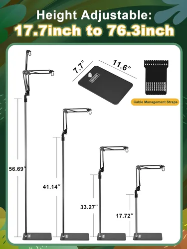 Miniatura 3 de Soporte de luz doble para reptiles, soporte de bombilla de calor (15.7 a 74.3 pulgadas) con 2 brazos oscilantes ajustables de 360° para terrario