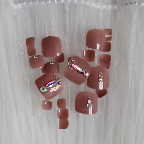 24 uñas de los pies a presión color caqui para los dedos de los pies, elegantes y exquisitas piedras brillantes, uñas postizas para novias, puntas