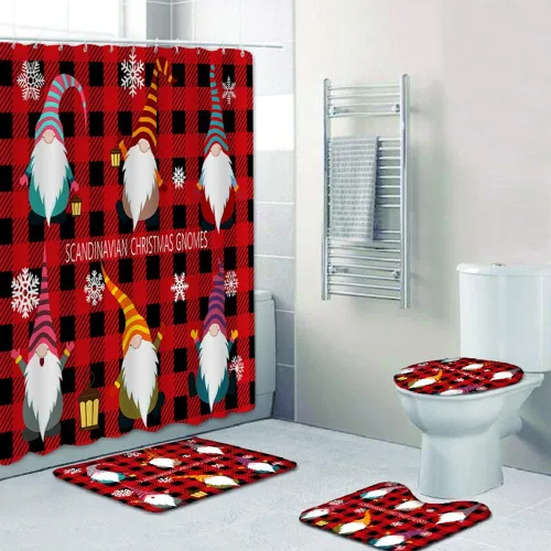 Miniatura 21 de Juego de 4 cortinas de ducha con alfombra antideslizante, cubierta para tapa de inodoro y tapete de baño, cortina de ducha de Papá Noel con 12