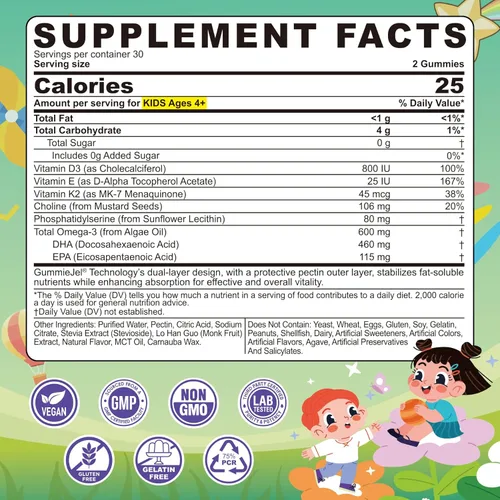 Miniatura 2 de Omega-3 para niños mayores de 4 años, gomitas Focus DHA Plus EPA de algas, vitamina D3 K2, colina y PS para hueso, salud cognitiva e inmunológica