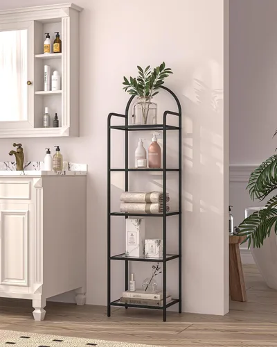 Miniatura 7 de Hzuaneri Estantería de vidrio templado, estantería delgada para dormitorio, baño, oficina en casa, marco de acero, negro de 6 niveles BC10601B