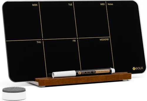 Planificador semanal de cristal negro de escritorio, pizarra blanca de borrado en seco con soporte de madera desmontable, pequeño calendario de