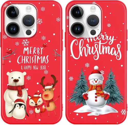 Miniatura 11 de Paquete de 2 bonitas fundas de Navidad para iPhone de 13/14 pulgadas, diseño de muñeco de nieve rojo, diseño de animales de Feliz Navidad, silicona