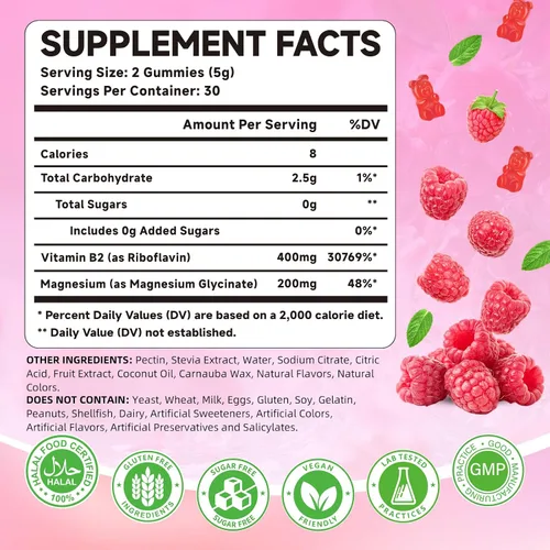Miniatura 2 de Gomitas de vitamina B2 Riboflavina de 400 mg con magnesio para niños y adultos, alivio de la migraña, alivio del dolor de cabeza y apoyo del sistema
