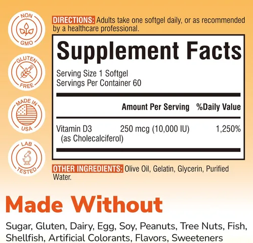 Miniatura 2 de Vitalibre Vitamina D3 de máxima fuerza 10,000 UI (250 mcg), altamente biodisponible, con aceite de oliva prensado en frío, apoyo inmunológico