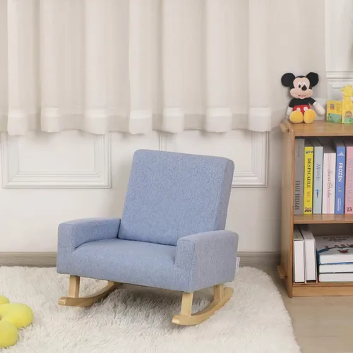 Miniatura 2 de Mecedora para bebé, silla para niños, sofá para niños, pie de madera tembloroso y tela de lino, sillón mecedor para niños y niñas (azul)