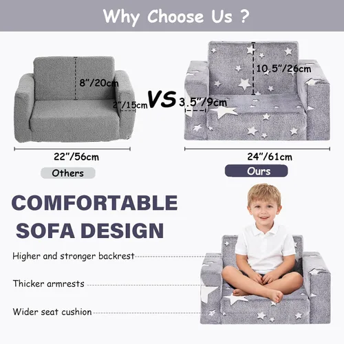 Miniatura 6 de Tiita Silla Sofá para Niños, Sillas Sofá Cómodas Plegables para Niños Pequeños, Sofá de Felpa 2 en 1 para Niños Desplegable, Silla Sofá con estrella