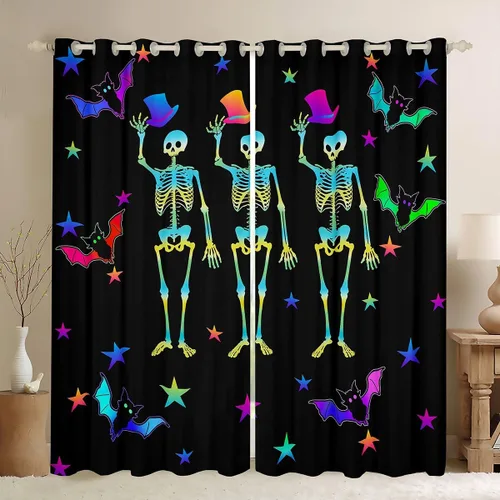 Cortinas y cortinas de calavera de azúcar, decoración de Halloween, decoración de Halloween de murciélagos de acuarela, cortinas opacas con arco