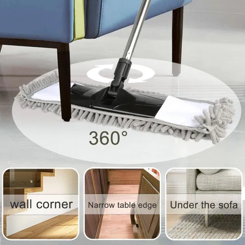 Miniatura 5 de Trapeador antipolvo para limpieza de suelos con 2 almohadillas de felpilla lavables y mango largo extensible, trapeador plano seco y húmedo