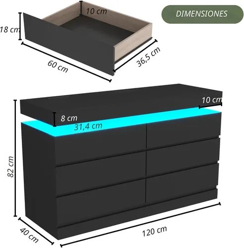 Miniatura 2 de Gyfimoie Cómoda de 6 cajones con toma de corriente, cómoda con luz LED, cómoda moderna de cajones para armario, gabinete organizador de cajones Negro