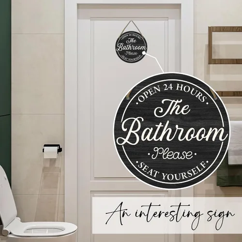 Miniatura 5 de Divertidos letreros decorativos para baño, con texto en inglés «Bathroom Open 24 Hours Please Seat Yourself», letrero colgante de madera rústica