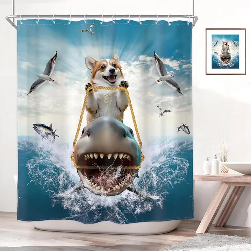 Miniatura 17 de Divertida cortina de ducha con diseño de gato de surf, tiburón, divertida, náutico, océano, océano, mar, ondas, animales, novedad, 72 pulgadas