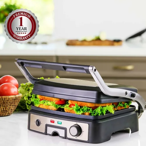 Miniatura 9 de OVENTE Sandwichera eléctrica Panini Press, parrilla interior de 1500 W con placas revestidas antiadherentes, control de temperatura y bandeja
