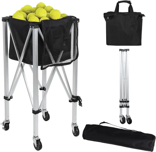 Anvazise Tolva de pelota de tenis con capacidad para 160 bolas, cesta plegable para pelotas de tenis con ruedas y bolsillos laterales extraíbles,