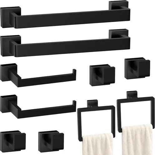 Juego de accesorios de baño con barra de toallas: 10 piezas de hardware de baño negro mate SUS304 de acero inoxidable - Toallero montado en la pared