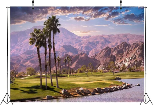 Miniatura 2 de Telón de fondo de tela de 7 x 5 pies, montañas del desierto, campo de golf, telón de fondo para fotos, palmera, crepúsculo, río, puesta de sol