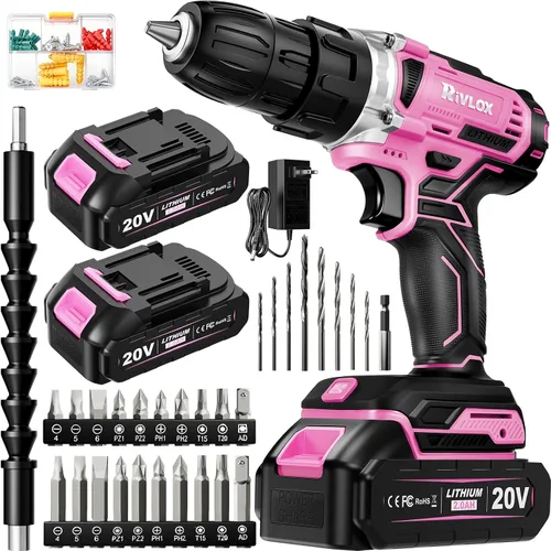 Miniatura 12 de Juego de taladro inalámbrico, 21+1 par de torsión, taladro eléctrico de 20 V con batería de 2000 mAh y cargador de 2 A, equipado con portabrocas sin