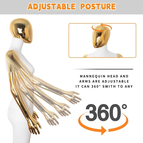 Miniatura 2 de Maniquí femenino de cuerpo completo, cuerpo blanco, cabeza dorada, manecillas doradas, maniquí de costura de 70 pulgadas, maniquí articulable