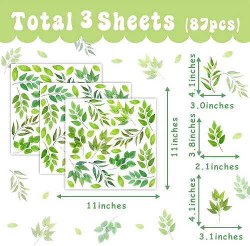 Miniatura 4 de Calcomanías de pared de hojas verdes, calcomanías de hojas de árbol para despegar y pegar, calcomanías de hojas botánicas extraíbles de plantas