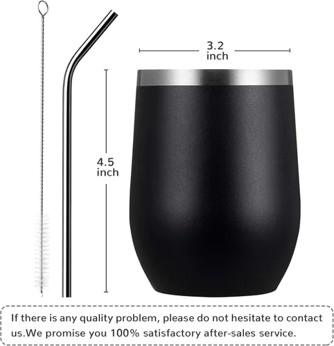 Miniatura 3 de MEWAY Vaso de vino sin tallo de 12 onzas con tapa, vaso de viaje de acero inoxidable con aislamiento de doble pared al vacío con popote, para Negro