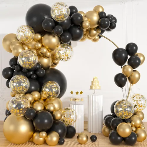 113pcs Black and Gold Balloon Garland Arch Kit, 18 12 10 5 Inch Black Metallic Gold Confetti Latex Balloons for 2026 Graduation Decorations Class of