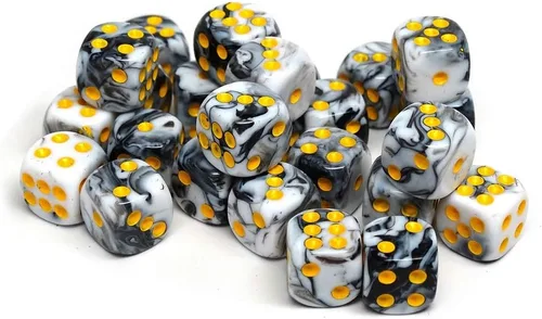 Miniatura 16 de Paquete de 25 dados D6 de 0.472 pulgadas, colección a juego de 6 dados con pipas (granito amarillo y negro)