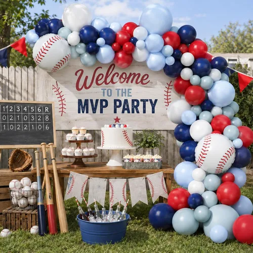 Miniatura 3 de FunHot Kit de guirnalda de arco de globos de béisbol, guirnalda de globos azul marino y rojo con globos blancos, globos de papel de aluminio
