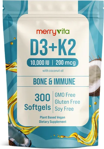 MERRY VITA Vitamina D3 K2 300 cápsulas blandas – 10000 UI y 200 MCG K2 MK7 – A base de plantas, vegano, sin OMG, sin gluten – Aceite de coco –