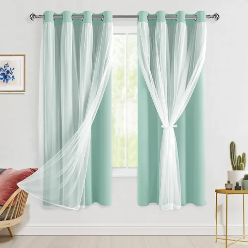 Miniatura 75 de Hiasan Cortinas opacas con superposición transparente, aislamiento térmico para mezclar y combinar de doble capa, cortinas de oscurecimiento de Beige