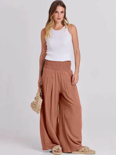 Miniatura 5 de Caracilia Pantalones palazzo de lino para mujer, estilo bohemio, pierna ancha, cintura alta, fruncidos, informales, con bolsillo