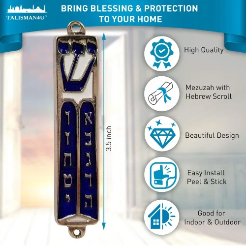 Miniatura 2 de Mezuzá de los Diez Mandamientos con Pergamino Esmalte Azul Israel Puerta Mezuza de 3.5 pulgadas
