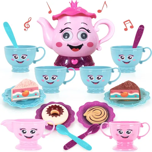 ArtCreativity Juego de té musical para niñas, juego de fiesta de té de 19 piezas, juego de té para niños pequeños con sonido de vertido activado por