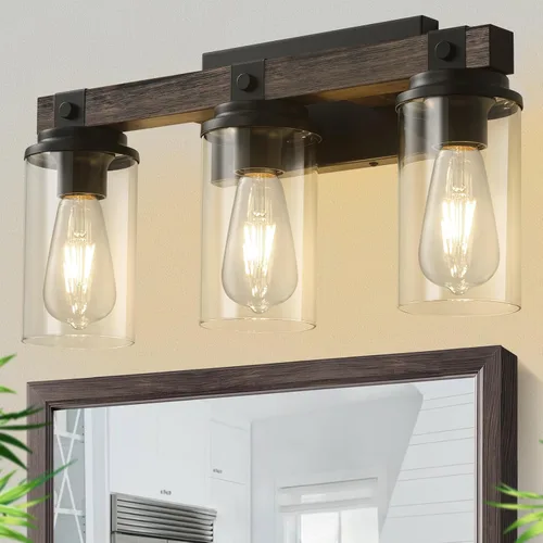Miniatura 10 de Lámpara de Baño Estilo Granja de Madera Negra, Iluminación de Tocador de 2 Luces, Aplique de Pared de Madera, Accesorio de Pared Industrial Rústico