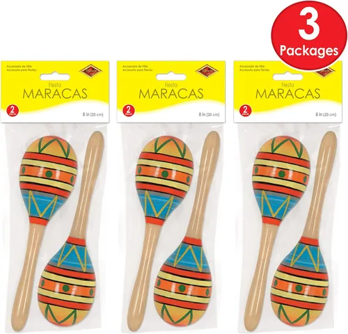 Miniatura 2 de Beistle 6 Maracas de madera para fiesta temática mexicana del Cinco de Mayo, 8 pulgadas, multicolor
