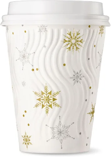 Harvest Pack - Juego de 100 tazas de café desechables de Navidad de 12 onzas con tapas, tazas de papel caliente aisladas con copos de nieve blancos,